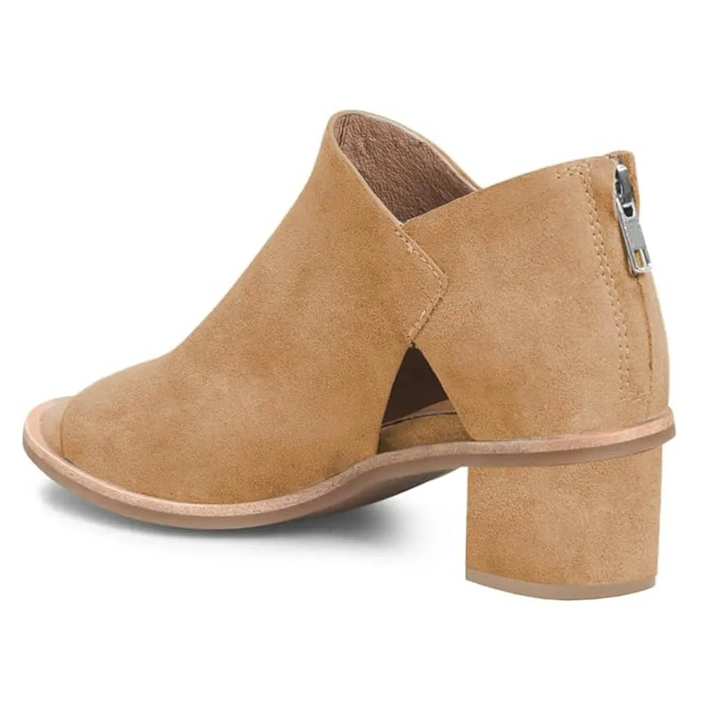 Khaki Low Block Heel Cut-Out Open Toe Ankle Boots with Back Zipper