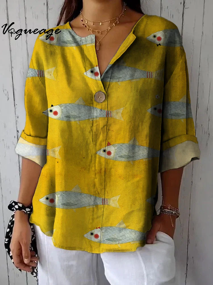 Stylish And Simple Fish Printed Cotton And Linen Shirt