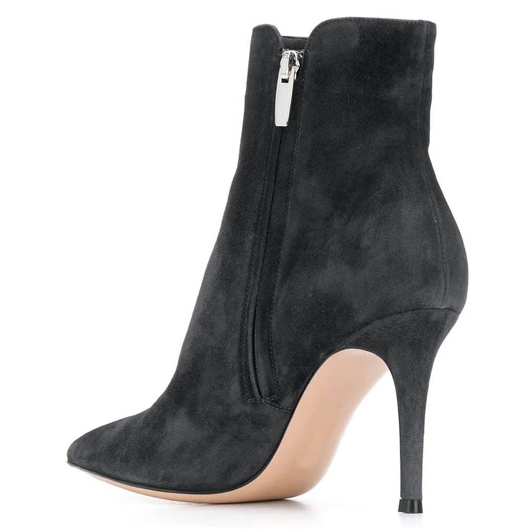 Vegan Suede Pointed Toe Side Zipper Stiletto Heel Boots in Dark Grey