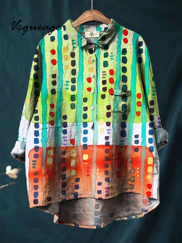 Fashion Simple Color Line Spots Printed Cotton And Linen Shirt