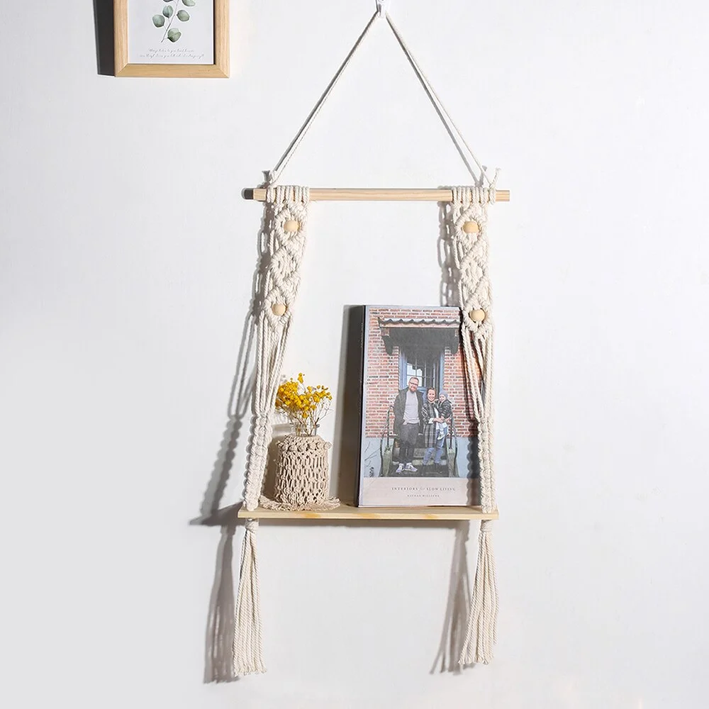 Macrame Wall Hanging Plant Decor Shelf Indoor Outdoor Floating Wood shelves Decorative Hand Made Rope Boho Shelving for Plants