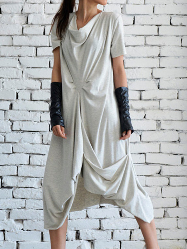 Oversize Asymmetric Front Draping Short Sleeve Midi Dress
