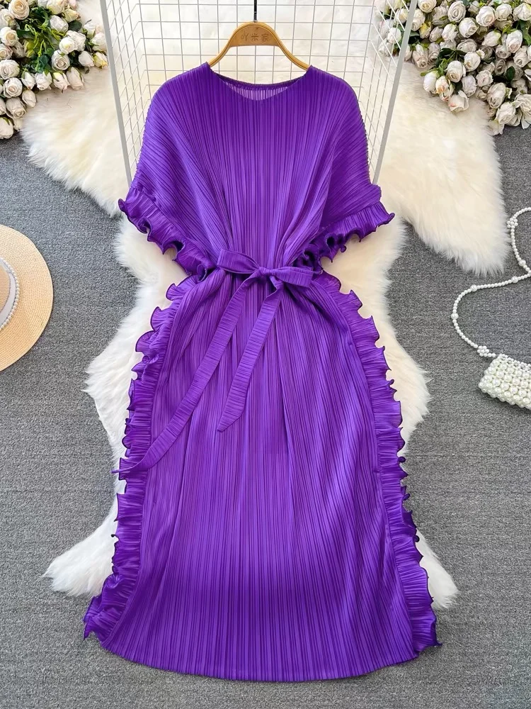 Stylish Loose Purple Round Neck Pleated Batwing Sleeve Lace-up Dress