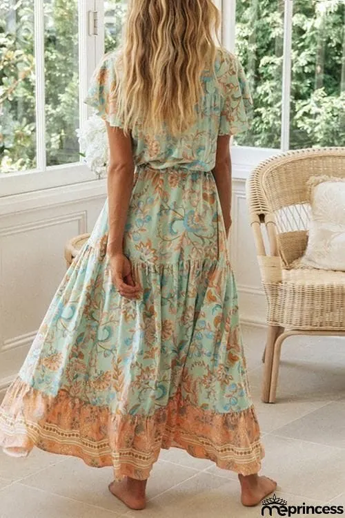 Boho Print Button Tassesl Maxi Dress