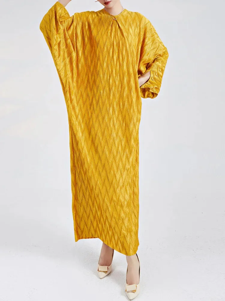 Brief Rose Pink V-neck Rhombus Pleated Batwing Sleeve Dress