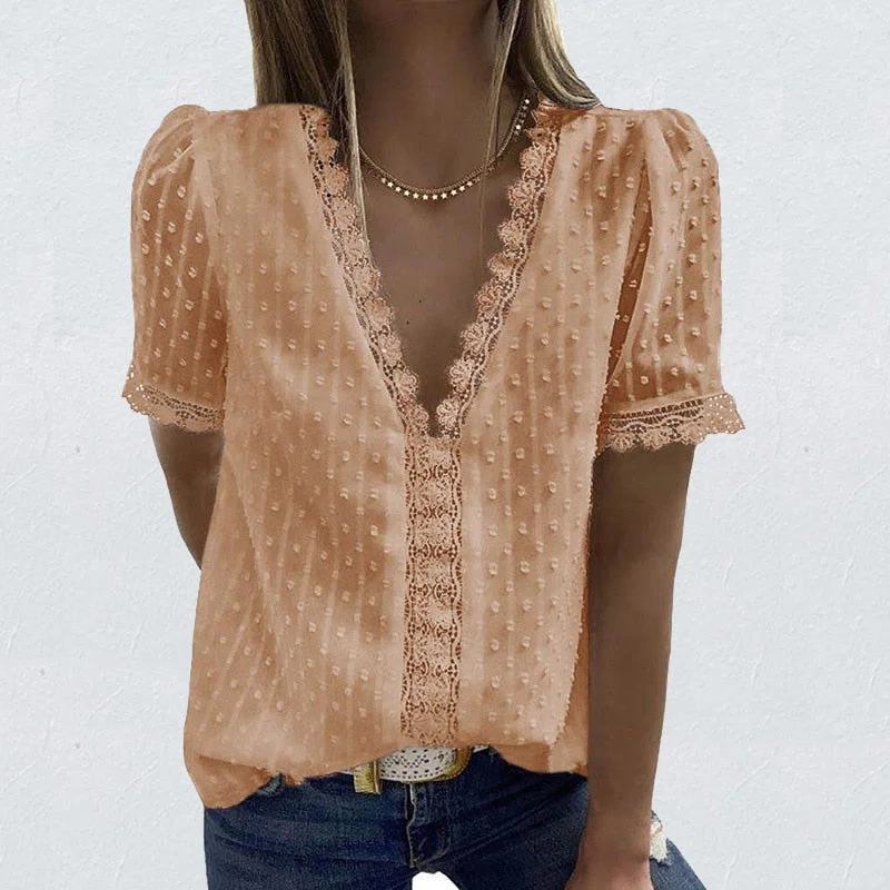 Sexy V-Neck Lace Shirt Blouse Spring Summer Short Sleeve Ladies Shirt Casual Women Solid Pullover Tops Blusa Streetwear 3XL