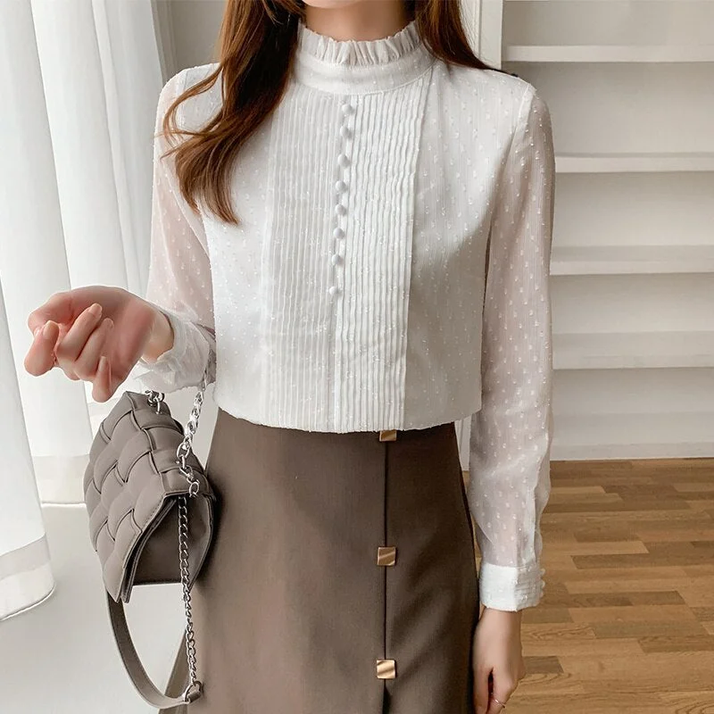 Loose White Elegant Blouse Autumn Pleated Ruffle Blouse Women Top Long Sleeve Lace Chiffon Shirt Office Lady Blusas Mujer 16776