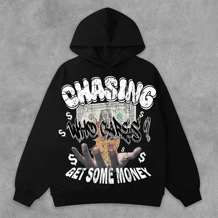 Vintage Chasing Money Graphic Print Side Pockets Street Hoodie SOPULA