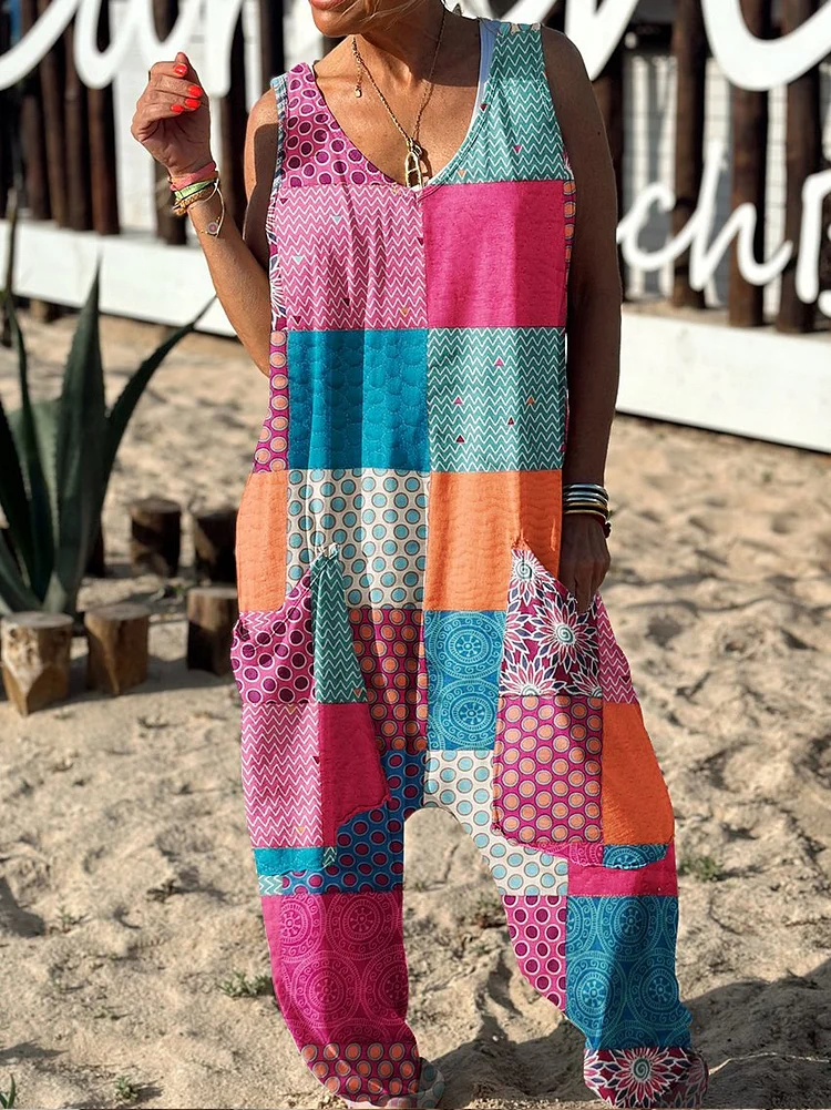 Floral Pattern Hippie Art Print Casual 100% Cotton Wide Leg Jumpsuit