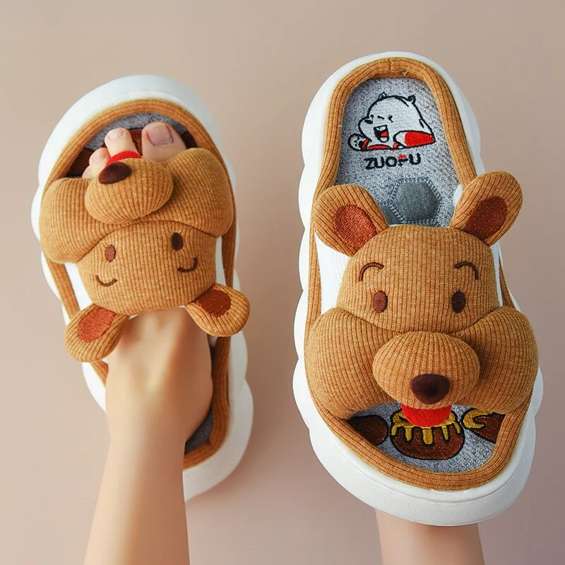 Yyvonne New Fashion Linen Slippers Women Cute Squirrel Home Platform Slippers Comfort Cartoon Couple Ladies Slides Free Shipping