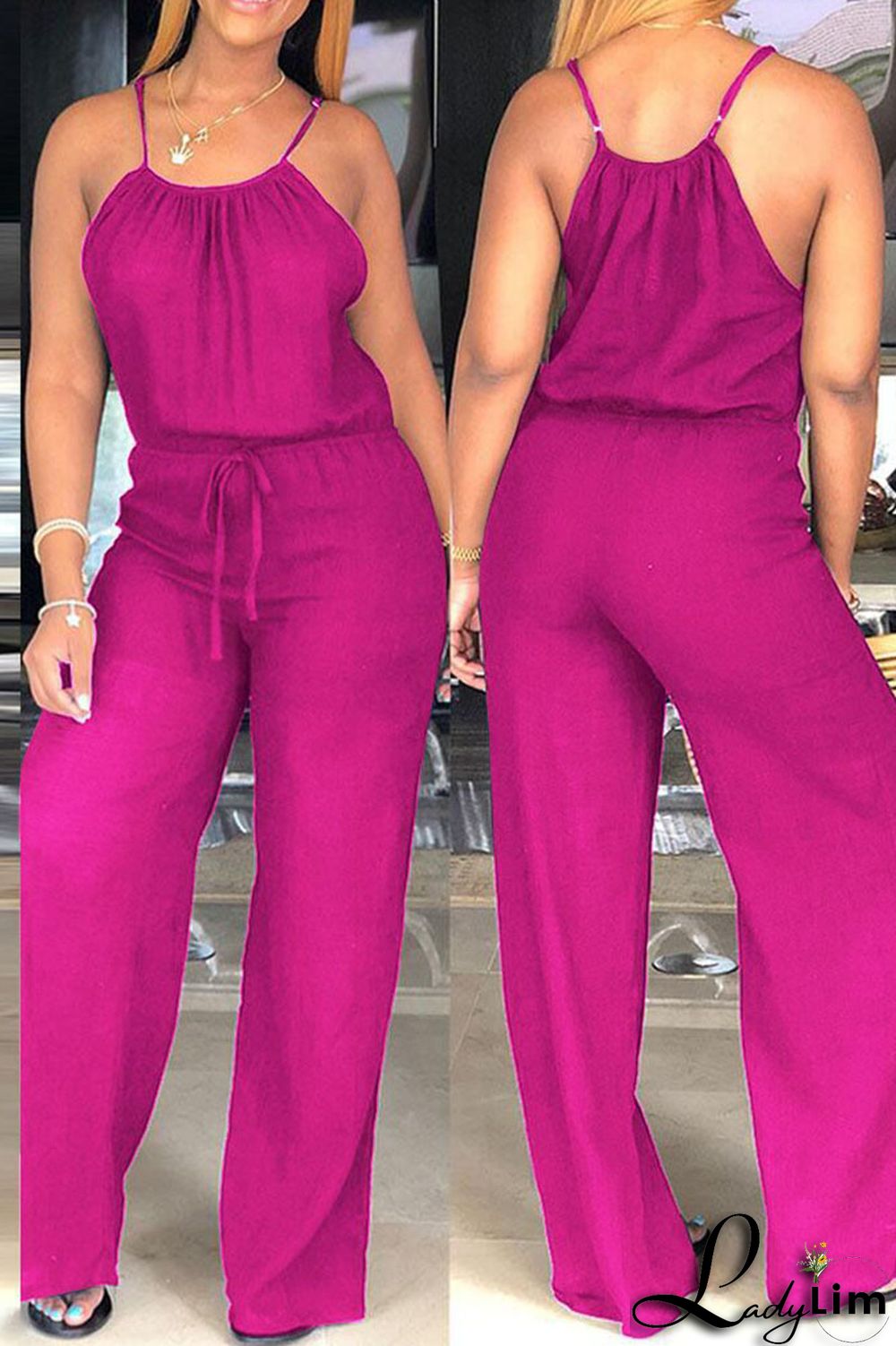 Tangerine Red Casual Solid Patchwork Spaghetti Strap Straight Jumpsuits