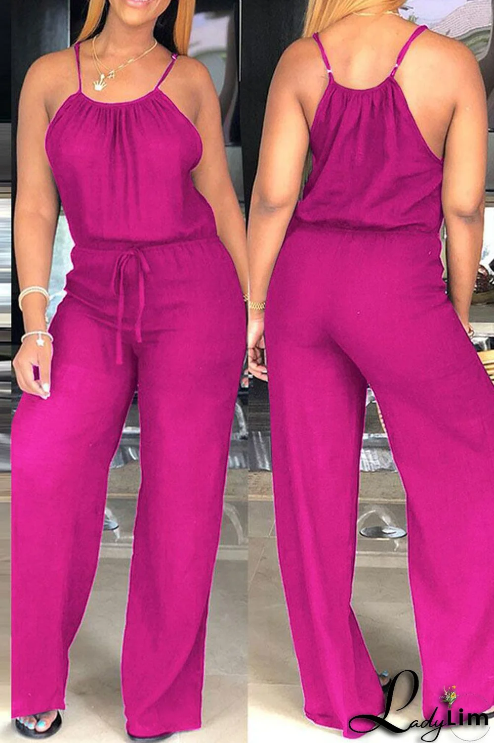 Tangerine Red Casual Solid Patchwork Spaghetti Strap Straight Jumpsuits