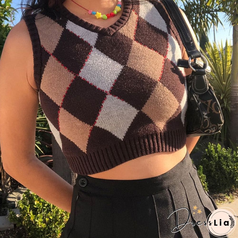V Neck Vintage Argyle Sweater Vest Women Black Sleeveless Plaid Knitted Crop Sweaters Casual Autumn Preppy Style tops