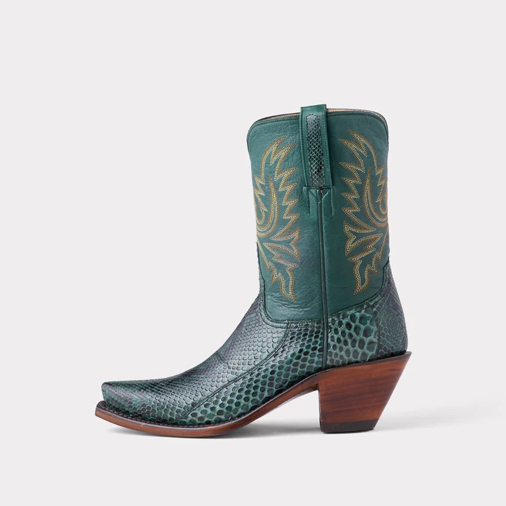 Green Python Embossed Snip Toe Cowgirl Boots with Embroidery