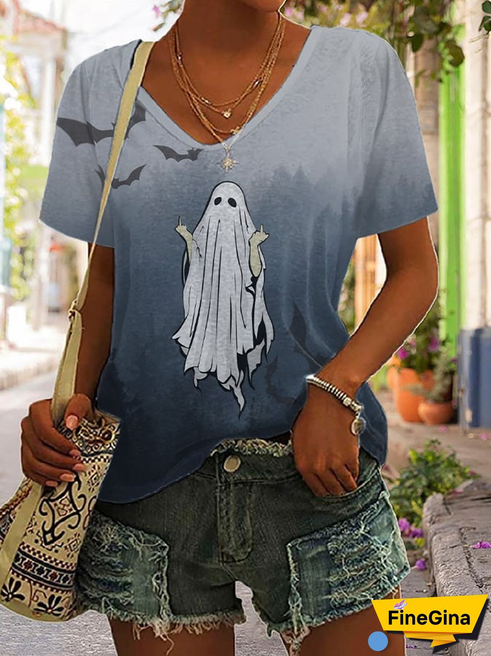 Women's Casual Ghost Art Printed Short Sleeve T-Shirt