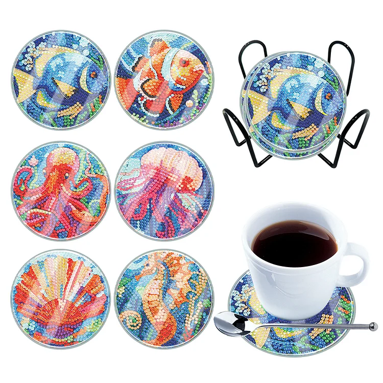6 PCS Washable Acrylic Owl Sea Animal Diamond Painting Coasters Kits with Holder