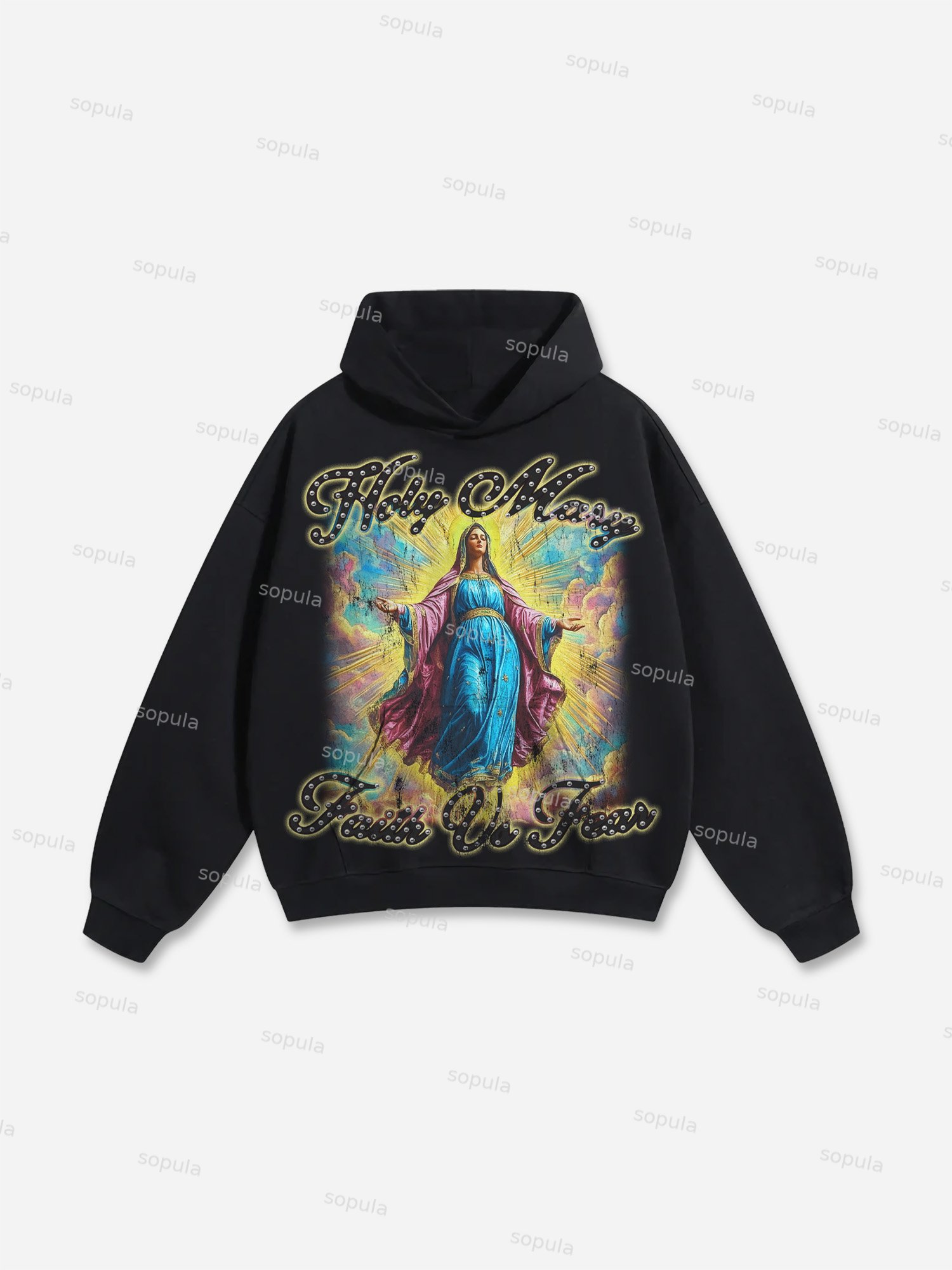 Men's Faith Vintage Holy Mary Graphic Cotton Hoodie - SOPULA