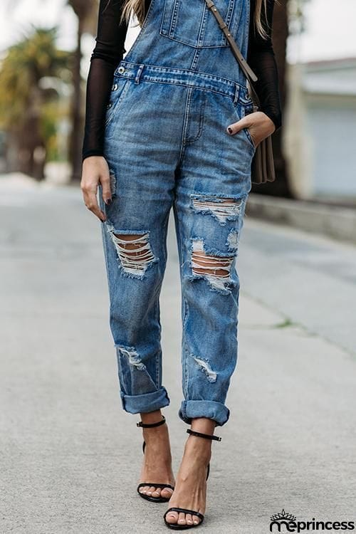 Ripped Denim Overalls