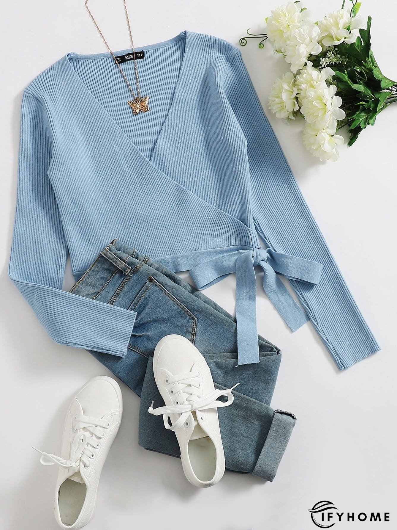 Wrap Tie Side Solid Sweater | IFYHOME