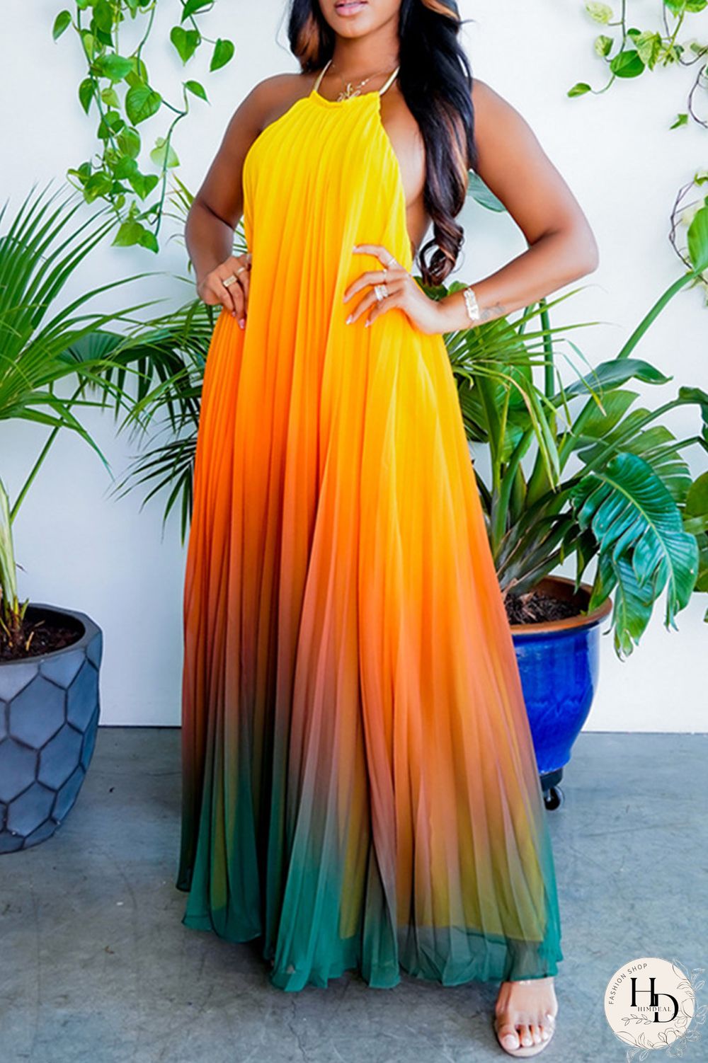 Yellow Sexy Casual Gradual Change Print Backless O Neck Sleeveless Dress