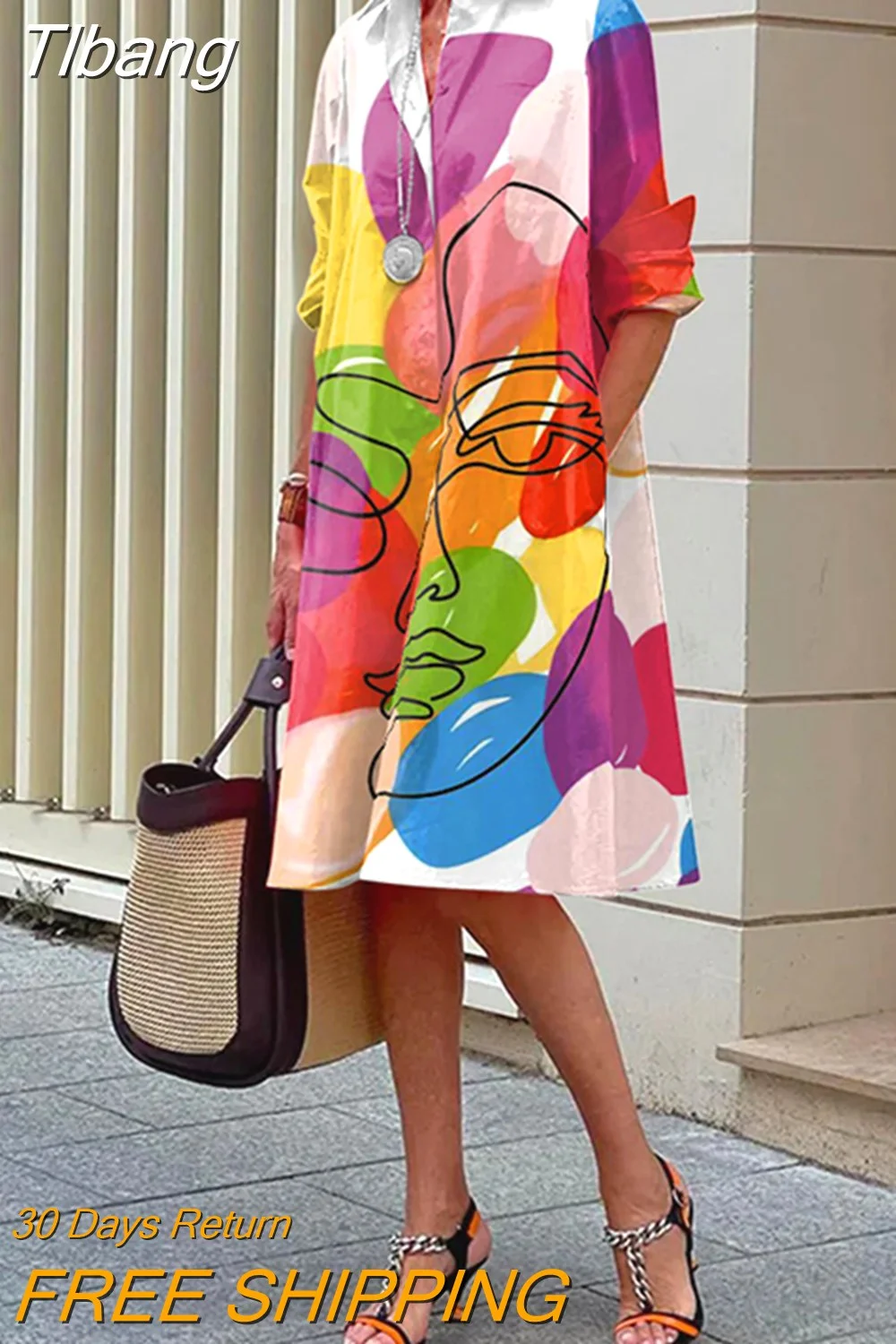 Tlbang Female Stylish Contrast Color Figure Printed Lapel Shirt Dress 2023 New Spring Long Sleeve Casual Midi Dresses For Women