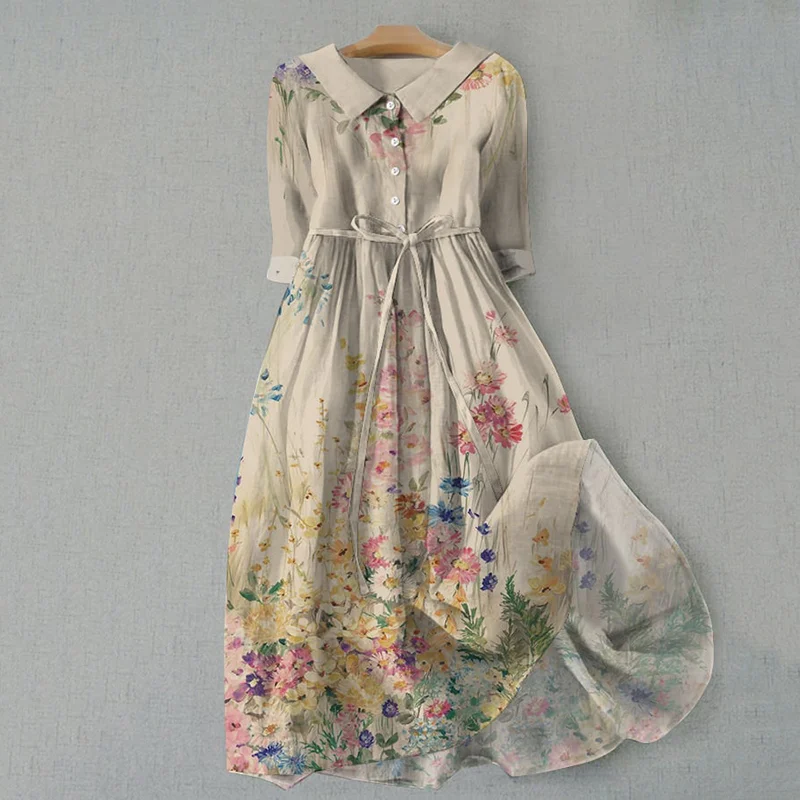 Vintage Botanical Floral Art Lapel Lace-Up Loose Midi Dress