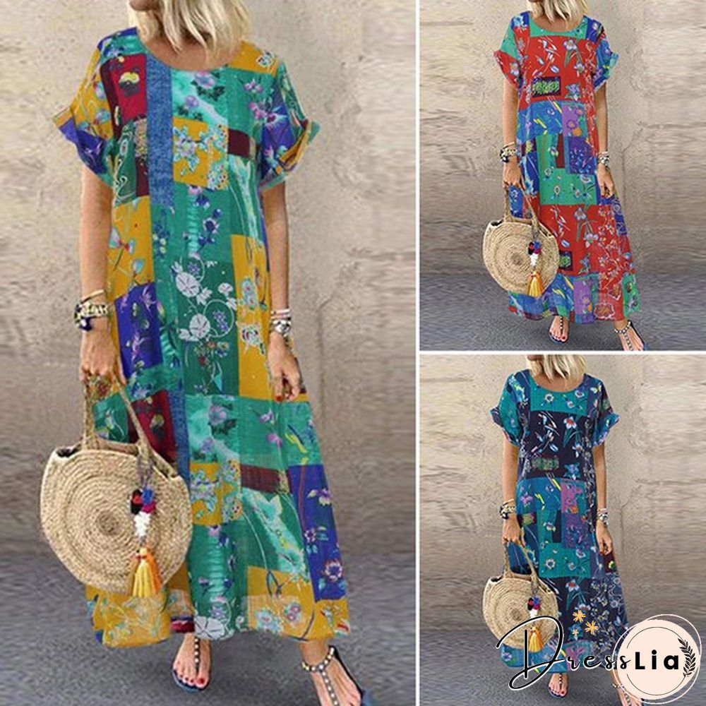 Women Summer Short Sleeve Fashion Printed Dress Party Beach Kaftan Long Maxi Dress Plus
