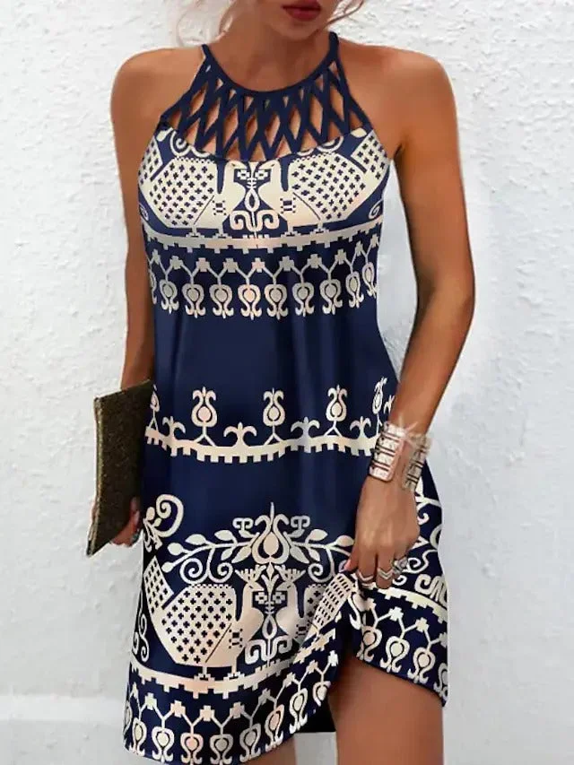 Women's Sleeveless Floral Print Crew Neck Stylish A Line Short Mini Dress