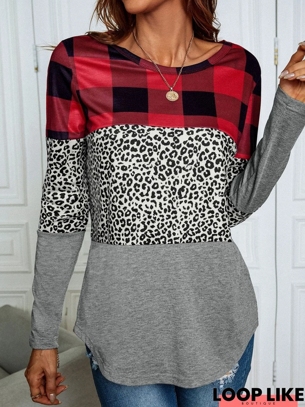 Plaid Leopard Casual Long sleeve Crew Neck Loose T-Shirt TUNIC