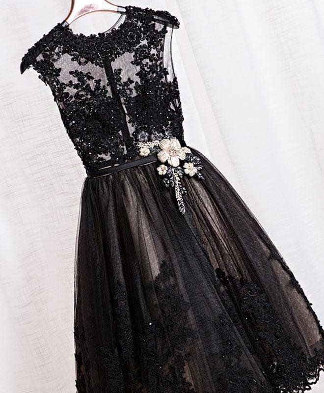 Cute Black Lace Short Prom Dress, Black Evening Dress