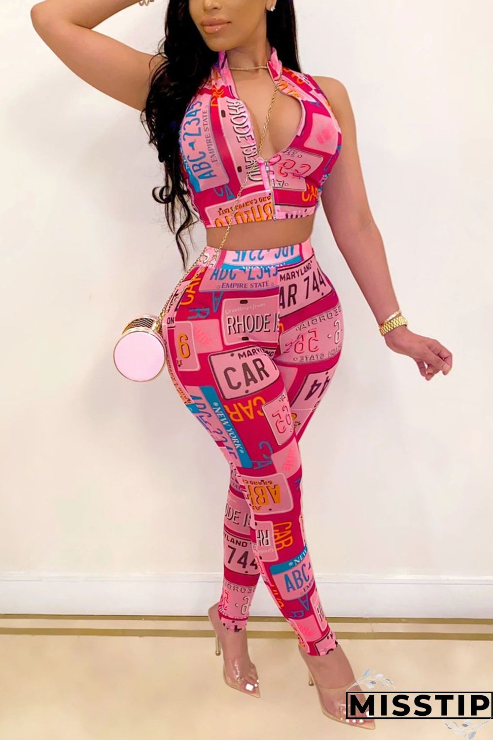 Pink Fashion Sexy Print Sleeveless Two-piece Set