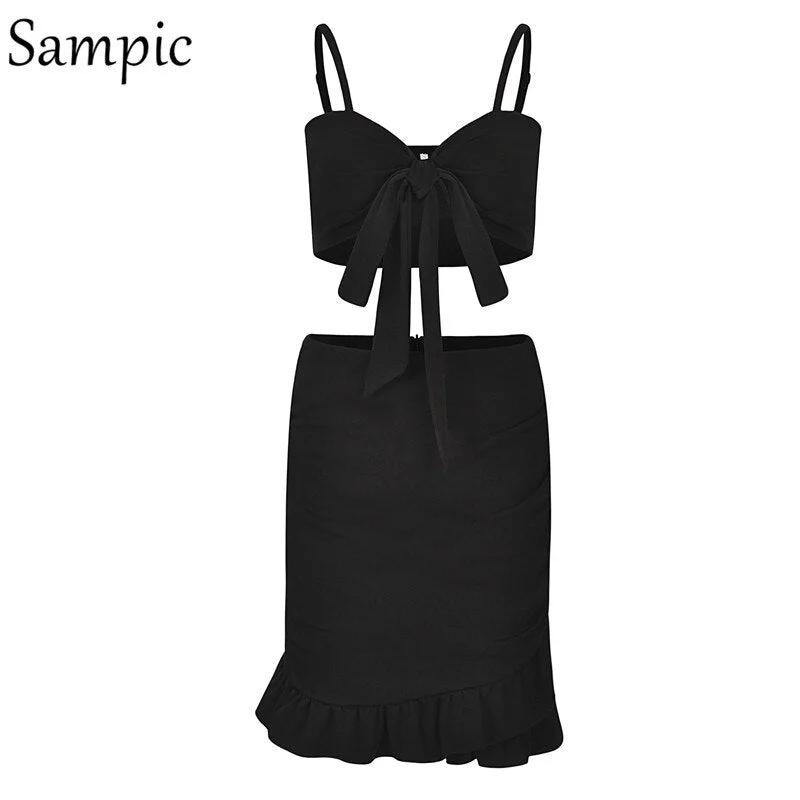 Sampic Ruffle High Waist Two Piece Skirt Set Backless Bow Crop Top Club Outfits Sexy 2 Piece Set Women Summer Matching Sets