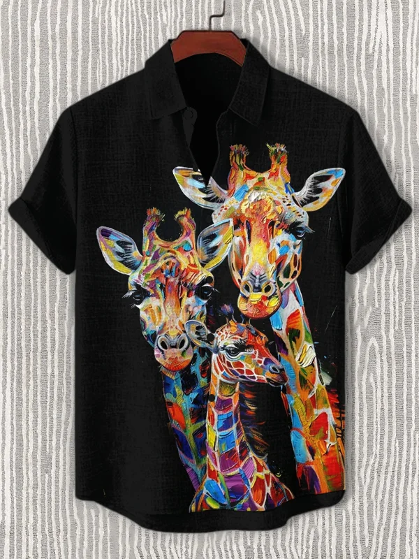 Men's Giraffe Family Art Print Casual Short Sleeve Shirt