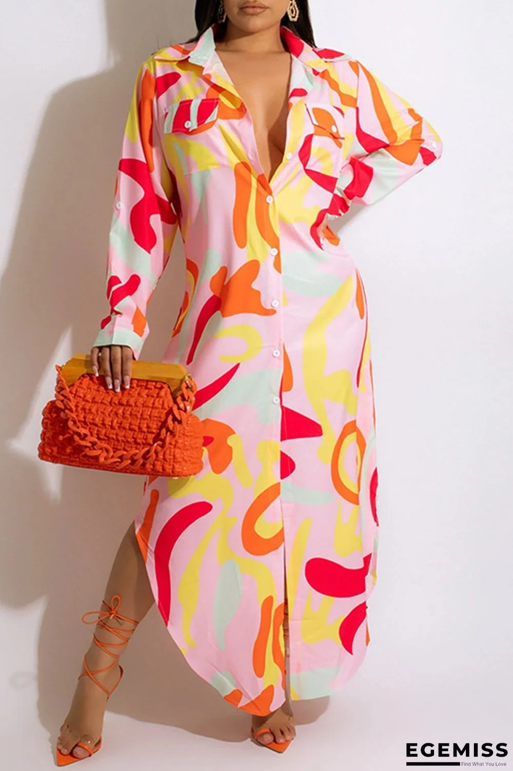 Orange Fashion Casual Print Slit Turndown Collar Shirt Dress | EGEMISS