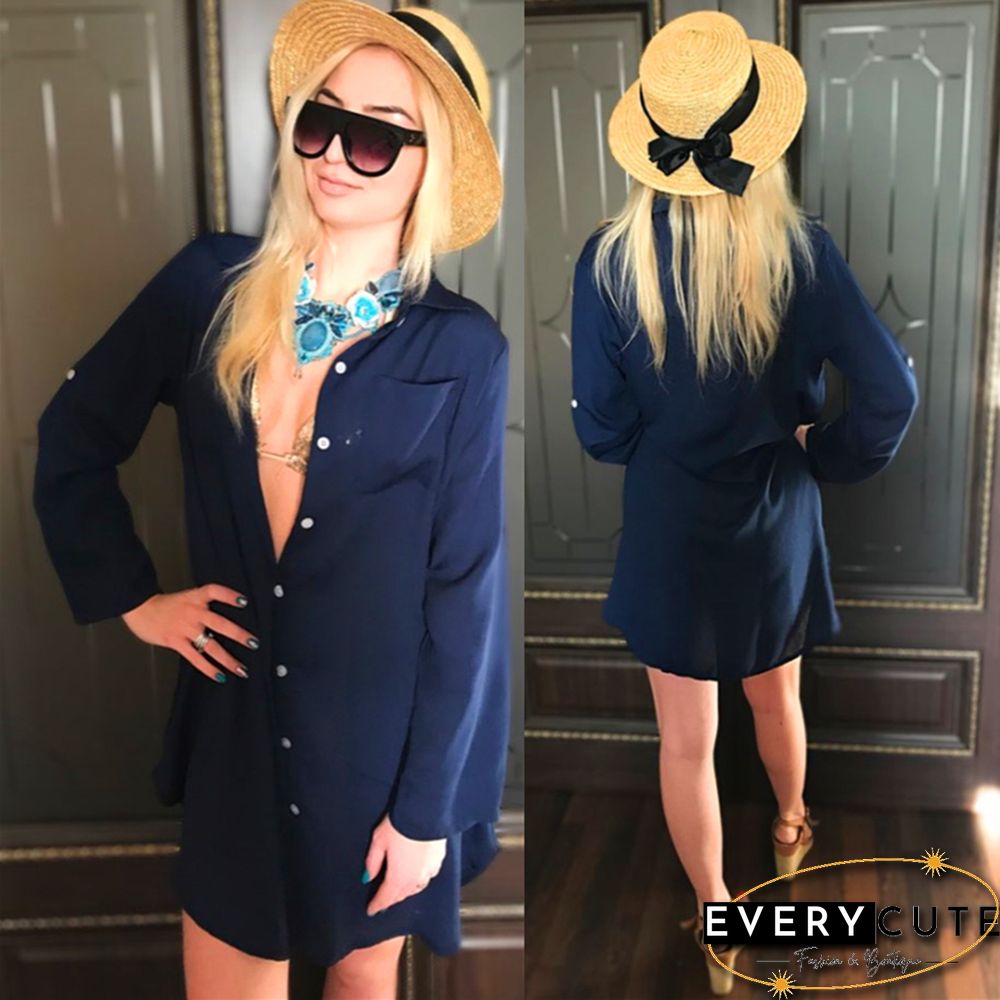 New Spring Summer Autumn Women Blouse V-Neck Long Sleeve Pocket Solid Shirts Women Casual White Blouse For Beach Tops Q469