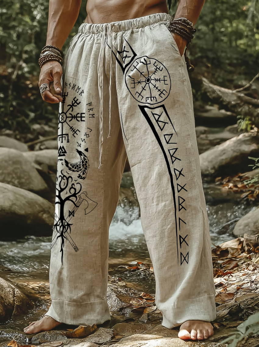 Men's Viking Holiday Style Vintage Nordic Totem Casual Linen Pants / Rvogue / Rvogue