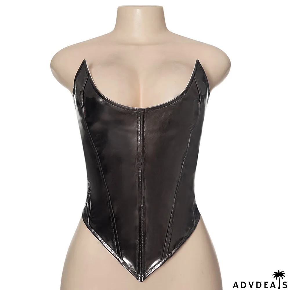 Women Summer Solid Color Sexy Sleeveless Backless Lace-Up PU-Leather Strapless Top