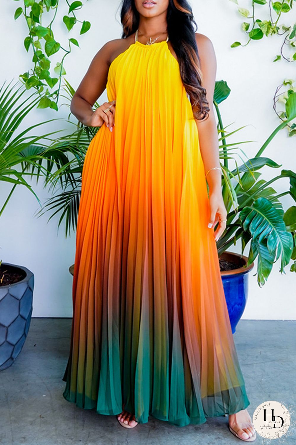 Yellow Sexy Casual Gradual Change Print Backless O Neck Sleeveless Dress