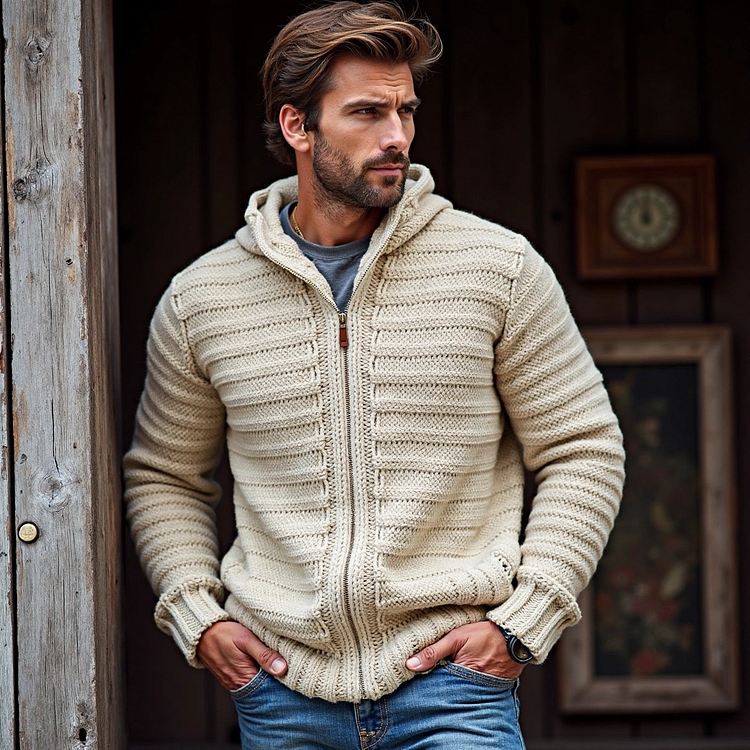 VChics Men's Chunky Striped Knitted Zip Hooded Sweater