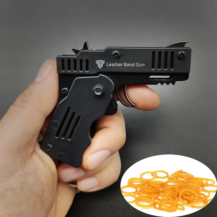 Toy Time 1PCS Mini Keychain Gun Rubber Band Gun Toy Shooting Pistol Alloy Rubber Band Pistol Kids Outdoor Party Folding Metal Gun Gifts