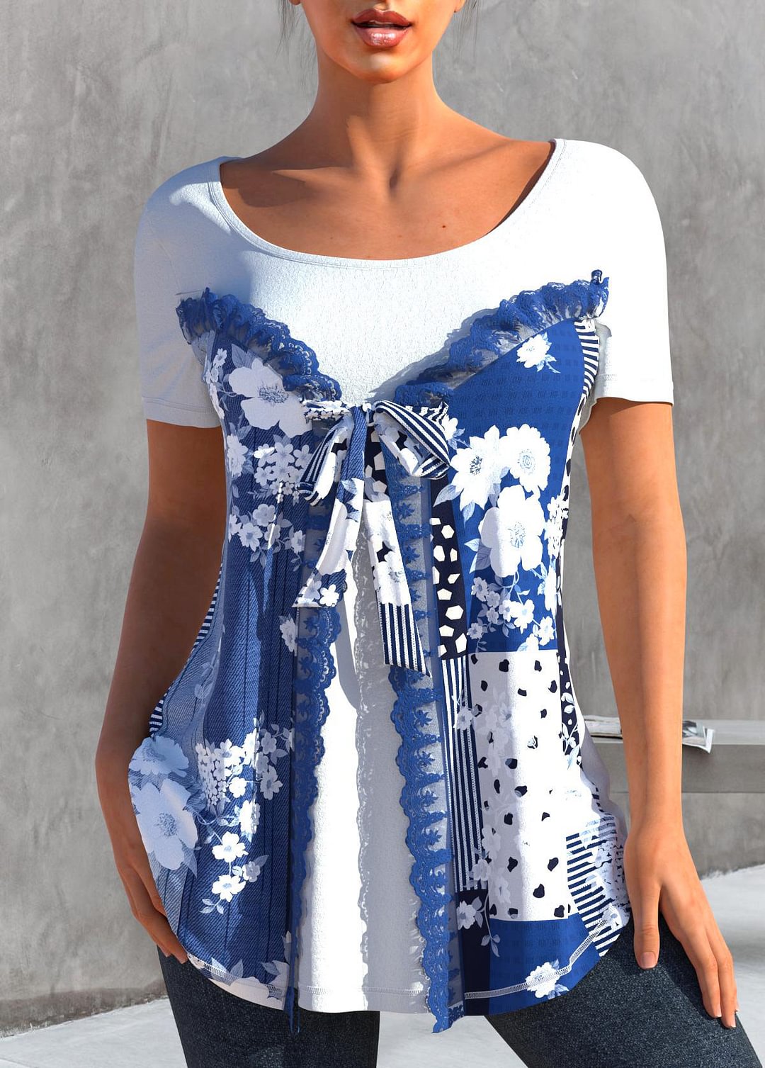 Floral Print Lace Stitching Bowknot Blue T Shirt
