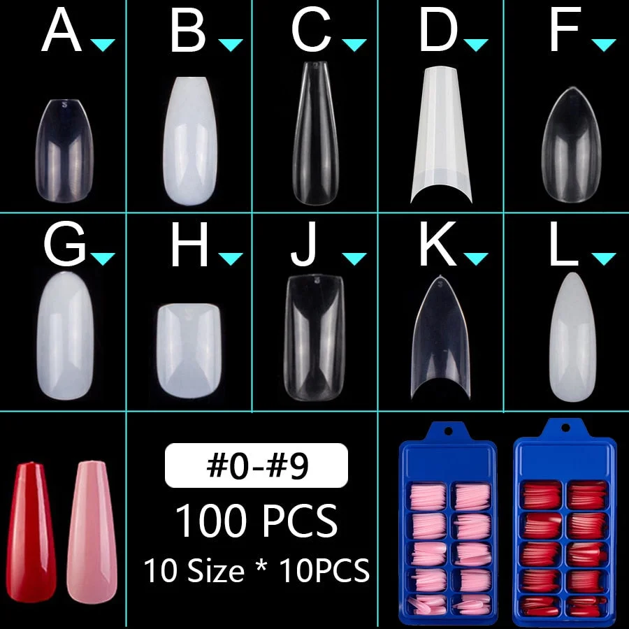 100pcs/set 10 Sizes Full Cover False Nail Tips Ballerina Coffin Fake Nails Square Stiletto French Acrylic Press On Nails