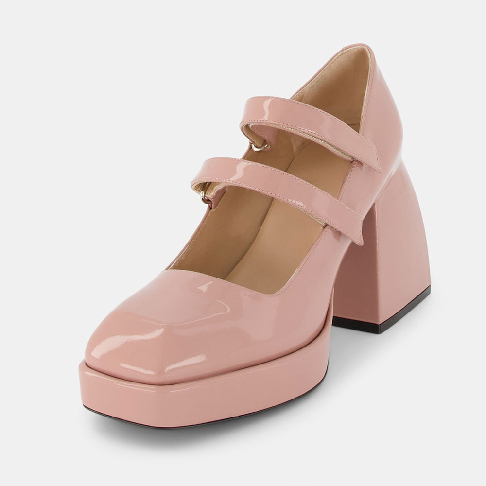 Nude Patent Closed Square Toe Mary Jane Platform Shoes with Block Heel Nicepairs