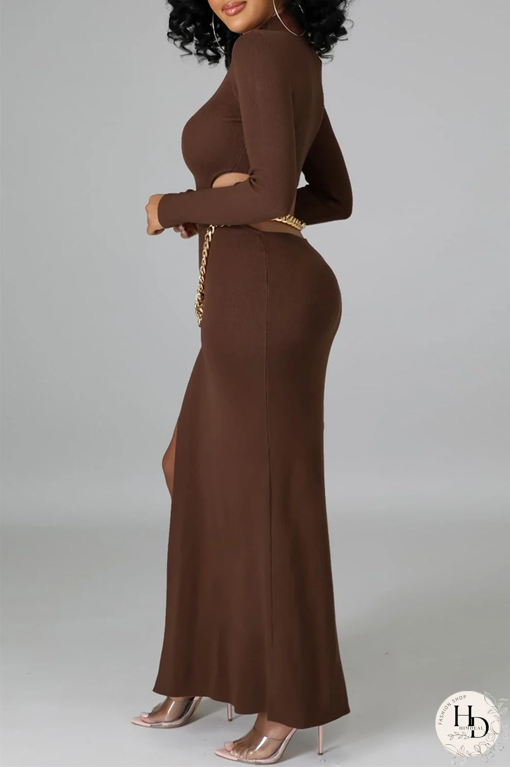 Black Fashion Sexy Solid Hollowed Out Slit O Neck Long Sleeve Dresses (Without Waist Chain)