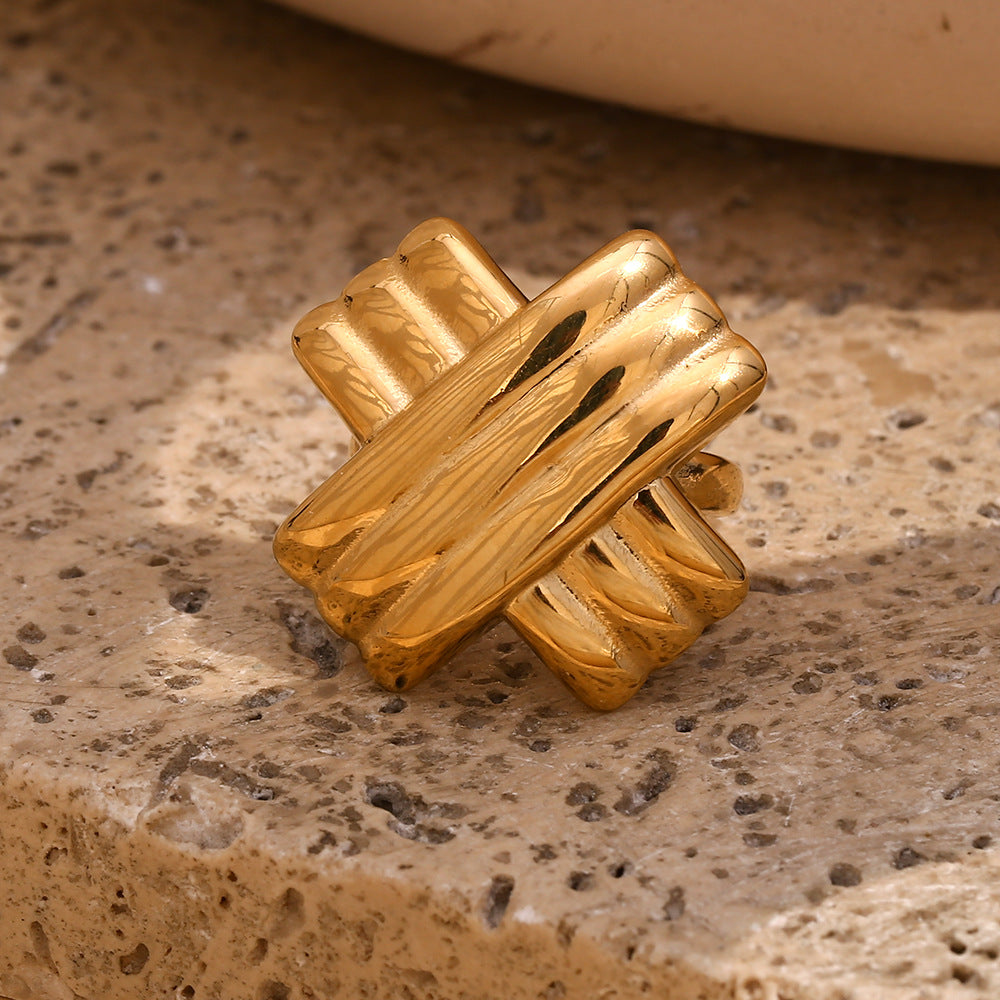 Niche Design Personality Hand Jewelry Stainless Steel Plated 18K Gold Cross Pattern Wide Open Ring