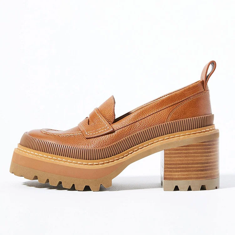 FSJ Brown Round Toe Chunky Heel Platform Loafers for Women |FSJ Shoes