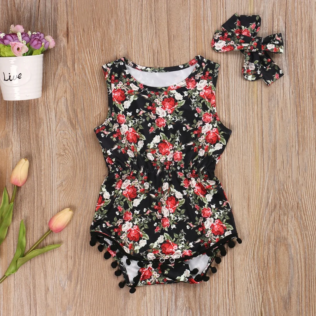 Infant Newborn Baby Girls Sleeveless Bodysuits Tassels Balls Jumpsuits Floral Playsuits +Headband