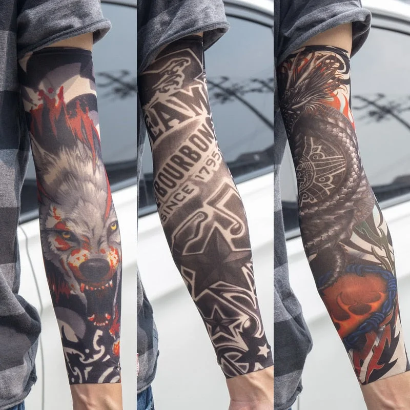 3PCS/lot new mixed 100%Nylon elastic Fake temporary tattoo sleeve skull wolf totem dragon designs body Arm stockings cool men