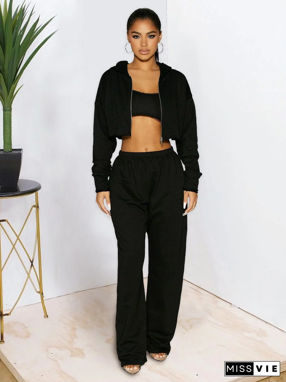 Thicken Zip Hooded Crop Top Wide Leg Pants Set