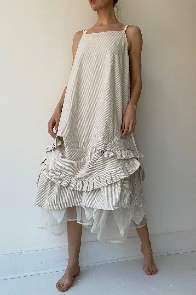 Square Neck Sleeveless Ruffled Trim Textured Linen Midi Dresses [Pre Order]